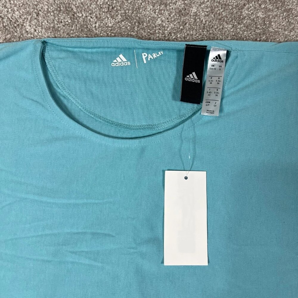 Adidas Parley Womens Small Turquoise Blue Hi Low Hem Activewear‎ Tunic Top NWT - Picture 2 of 9